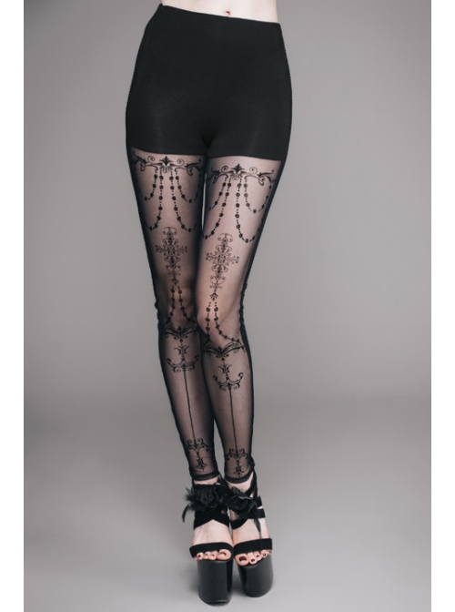 Black Splice Flocking Printed Bead Chain Pattern Mesh Gothic Knit Legging