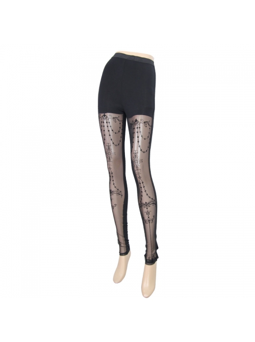 Black Splice Flocking Printed Bead Chain Pattern Mesh Gothic Knit Legging