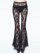 Front Decals Bead Chain Decoration Black Gothic Lace Embroidered Flare Trousers