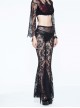 Front Decals Bead Chain Decoration Black Gothic Lace Embroidered Flare Trousers