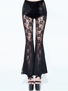 Side Bead Chain Flowers Splice Rose Pattern Lace Black Gothic Embossed Velvet Knitted Flare Trousers