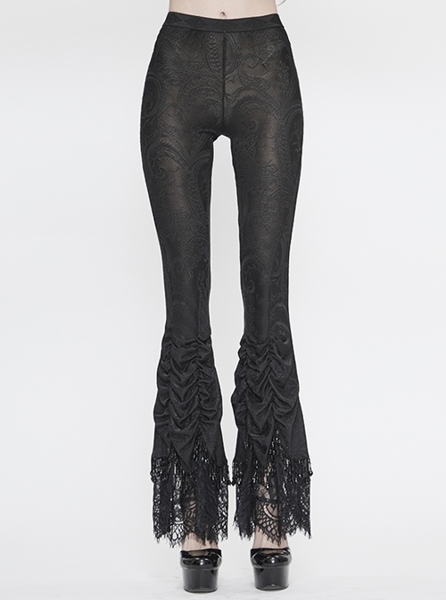 Black Gothic Beaded Webbing Decoration Frill Lace Hem Knit Jacquard Legging
