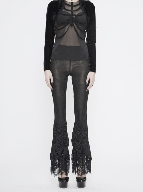 Black Gothic Beaded Webbing Decoration Frill Lace Hem Knit Jacquard Legging