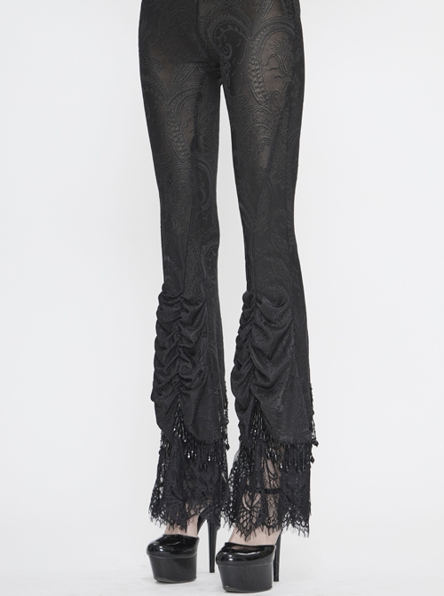 Black Gothic Beaded Webbing Decoration Frill Lace Hem Knit Jacquard Legging