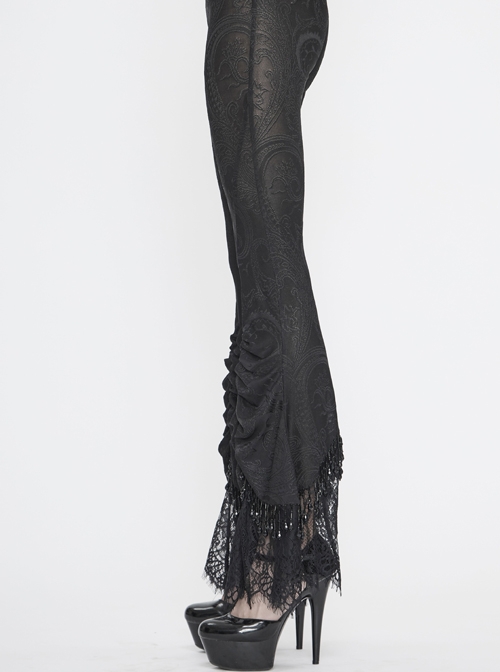 Black Gothic Beaded Webbing Decoration Frill Lace Hem Knit Jacquard Legging