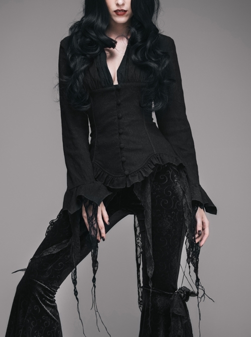 V-Neck Long Sleeve Flare Cuff Back Waist Lace-Up Irregular Lace Tassels Hem Black Gothic Jacquard Blouse
