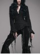 V-Neck Long Sleeve Flare Cuff Back Waist Lace-Up Irregular Lace Tassels Hem Black Gothic Jacquard Blouse