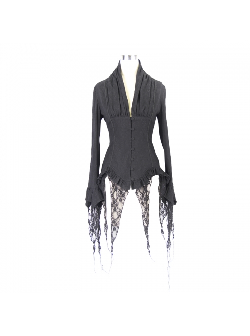 V-Neck Long Sleeve Flare Cuff Back Waist Lace-Up Irregular Lace Tassels Hem Black Gothic Jacquard Blouse