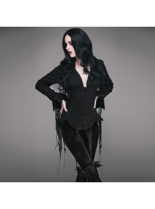 V-Neck Long Sleeve Flare Cuff Back Waist Lace-Up Irregular Lace Tassels Hem Black Gothic Jacquard Blouse