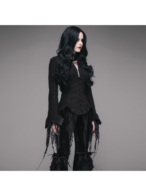 V-Neck Long Sleeve Flare Cuff Back Waist Lace-Up Irregular Lace Tassels Hem Black Gothic Jacquard Blouse