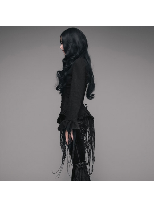 V-Neck Long Sleeve Flare Cuff Back Waist Lace-Up Irregular Lace Tassels Hem Black Gothic Jacquard Blouse