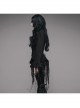 V-Neck Long Sleeve Flare Cuff Back Waist Lace-Up Irregular Lace Tassels Hem Black Gothic Jacquard Blouse
