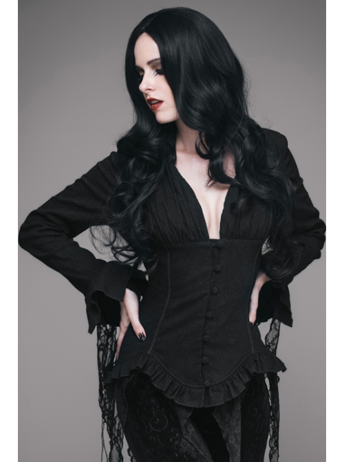 V-Neck Long Sleeve Flare Cuff Back Waist Lace-Up Irregular Lace Tassels Hem Black Gothic Jacquard Blouse
