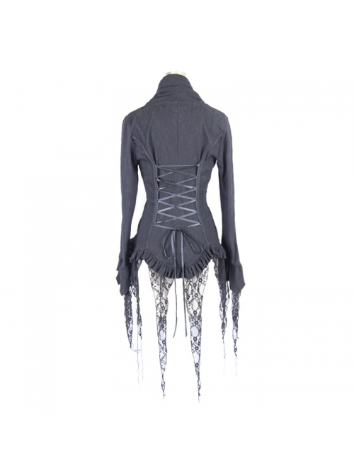 V-Neck Long Sleeve Flare Cuff Back Waist Lace-Up Irregular Lace Tassels Hem Black Gothic Jacquard Blouse