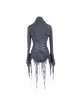 V-Neck Long Sleeve Flare Cuff Back Waist Lace-Up Irregular Lace Tassels Hem Black Gothic Jacquard Blouse