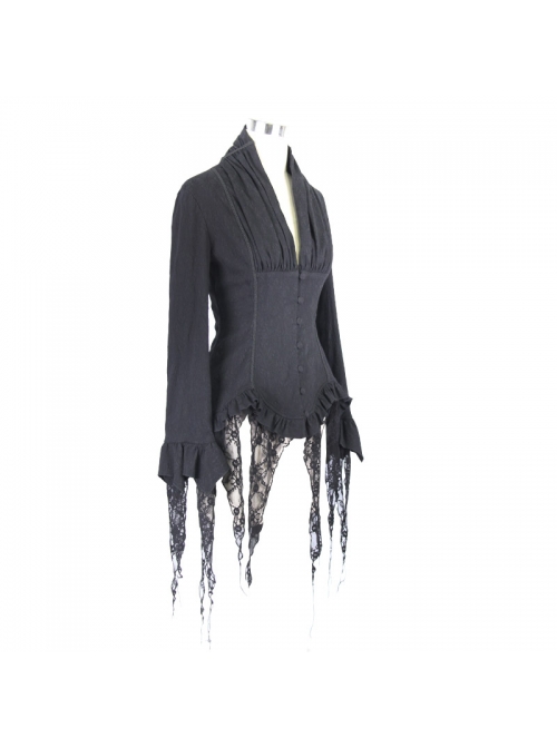 V-Neck Long Sleeve Flare Cuff Back Waist Lace-Up Irregular Lace Tassels Hem Black Gothic Jacquard Blouse