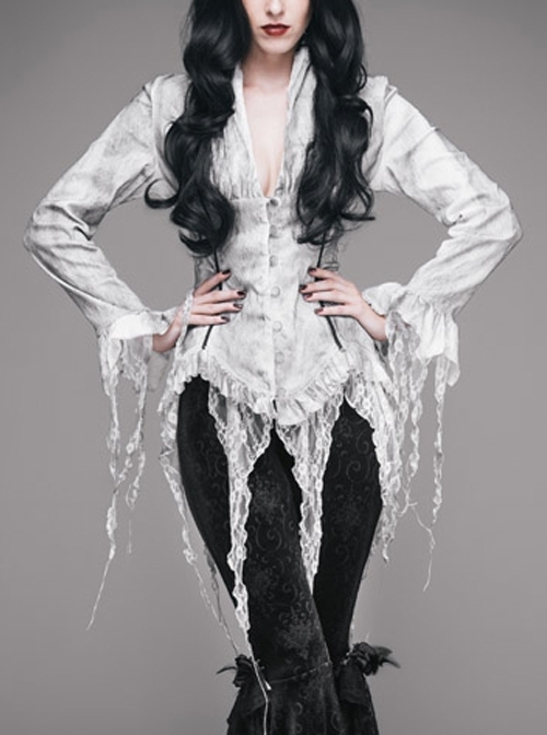 V-Neck Long Sleeve Flare Cuff Back Waist Lace-Up Irregular Lace Tassels Hem White Printed Gothic Jacquard Blouse
