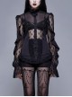 High Collar Front Chest Beaded Flowers Lace Cuff  Back Waist Lace-Up Black Gothic Chiffon Blouse