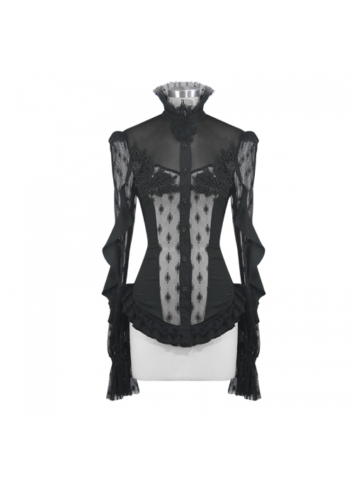 High Collar Front Chest Beaded Flowers Lace Cuff  Back Waist Lace-Up Black Gothic Chiffon Blouse