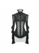 High Collar Front Chest Beaded Flowers Lace Cuff  Back Waist Lace-Up Black Gothic Chiffon Blouse