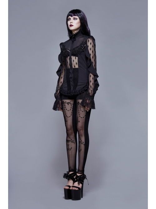 High Collar Front Chest Beaded Flowers Lace Cuff  Back Waist Lace-Up Black Gothic Chiffon Blouse