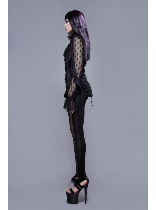 High Collar Front Chest Beaded Flowers Lace Cuff  Back Waist Lace-Up Black Gothic Chiffon Blouse