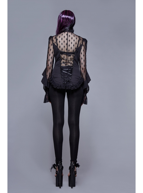High Collar Front Chest Beaded Flowers Lace Cuff  Back Waist Lace-Up Black Gothic Chiffon Blouse