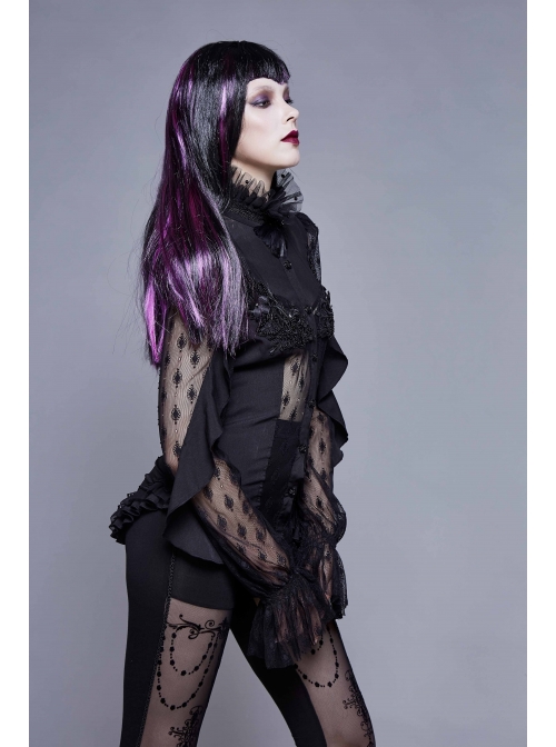 High Collar Front Chest Beaded Flowers Lace Cuff  Back Waist Lace-Up Black Gothic Chiffon Blouse