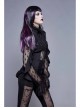 High Collar Front Chest Beaded Flowers Lace Cuff  Back Waist Lace-Up Black Gothic Chiffon Blouse