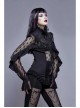 High Collar Front Chest Beaded Flowers Lace Cuff  Back Waist Lace-Up Black Gothic Chiffon Blouse