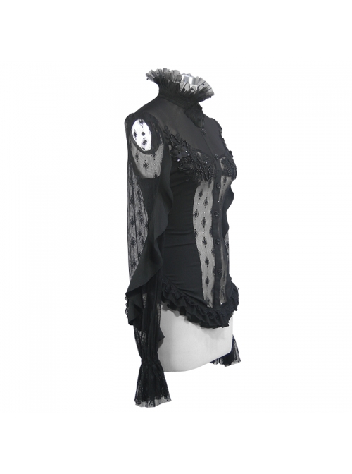 High Collar Front Chest Beaded Flowers Lace Cuff  Back Waist Lace-Up Black Gothic Chiffon Blouse