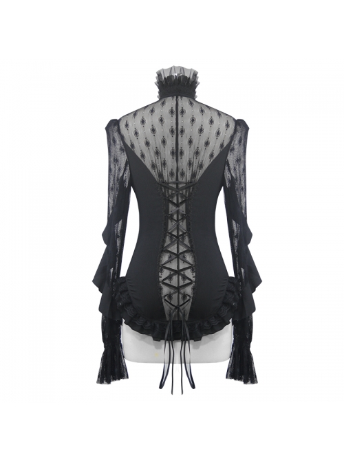 High Collar Front Chest Beaded Flowers Lace Cuff  Back Waist Lace-Up Black Gothic Chiffon Blouse