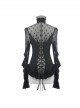High Collar Front Chest Beaded Flowers Lace Cuff  Back Waist Lace-Up Black Gothic Chiffon Blouse