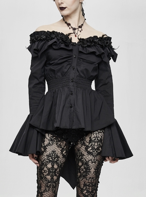 Rose Flowers Decoration One-Word Collar Long Sleeve Flare Cuff Black Gothic Blouse