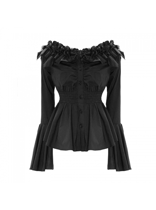 Rose Flowers Decoration One-Word Collar Long Sleeve Flare Cuff Black Gothic Blouse