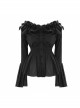 Rose Flowers Decoration One-Word Collar Long Sleeve Flare Cuff Black Gothic Blouse