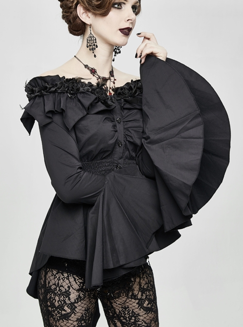Rose Flowers Decoration One-Word Collar Long Sleeve Flare Cuff Black Gothic Blouse
