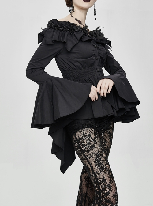 Rose Flowers Decoration One-Word Collar Long Sleeve Flare Cuff Black Gothic Blouse