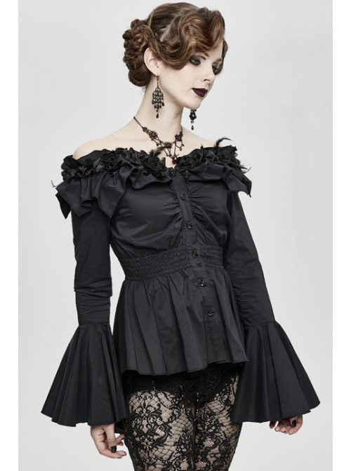 Rose Flowers Decoration One-Word Collar Long Sleeve Flare Cuff Black Gothic Blouse