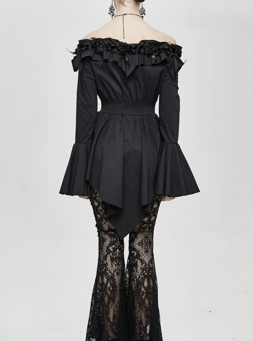 Rose Flowers Decoration One-Word Collar Long Sleeve Flare Cuff Black Gothic Blouse