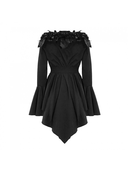 Rose Flowers Decoration One-Word Collar Long Sleeve Flare Cuff Black Gothic Blouse