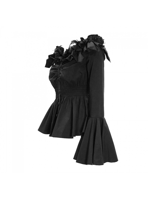 Rose Flowers Decoration One-Word Collar Long Sleeve Flare Cuff Black Gothic Blouse