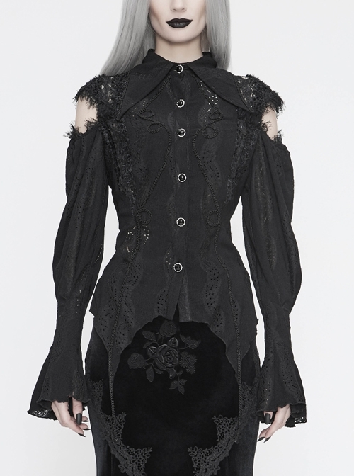 Front Chest Webbing Appliques Hollow-Out Lantern Sleeve Flare Cuff Back Waist Lace-Up Black Gothic Blouse