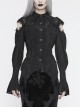 Front Chest Webbing Appliques Hollow-Out Lantern Sleeve Flare Cuff Back Waist Lace-Up Black Gothic Blouse