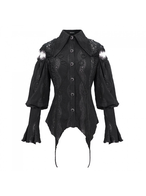 Front Chest Webbing Appliques Hollow-Out Lantern Sleeve Flare Cuff Back Waist Lace-Up Black Gothic Blouse