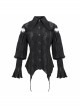 Front Chest Webbing Appliques Hollow-Out Lantern Sleeve Flare Cuff Back Waist Lace-Up Black Gothic Blouse