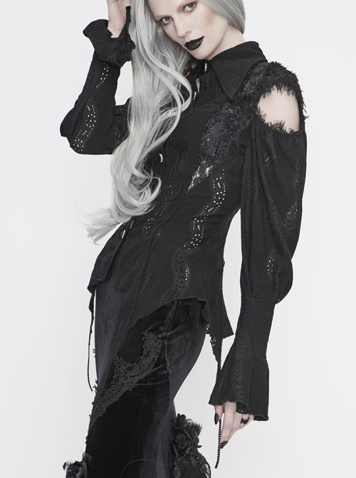 Front Chest Webbing Appliques Hollow-Out Lantern Sleeve Flare Cuff Back Waist Lace-Up Black Gothic Blouse