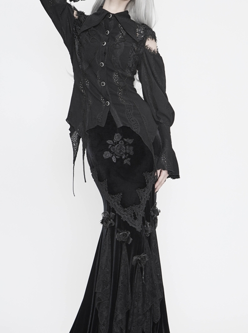 Front Chest Webbing Appliques Hollow-Out Lantern Sleeve Flare Cuff Back Waist Lace-Up Black Gothic Blouse