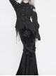 Front Chest Webbing Appliques Hollow-Out Lantern Sleeve Flare Cuff Back Waist Lace-Up Black Gothic Blouse