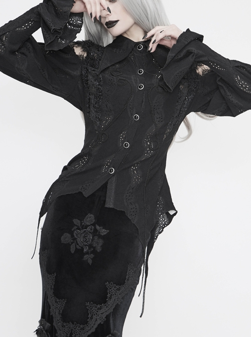 Front Chest Webbing Appliques Hollow-Out Lantern Sleeve Flare Cuff Back Waist Lace-Up Black Gothic Blouse